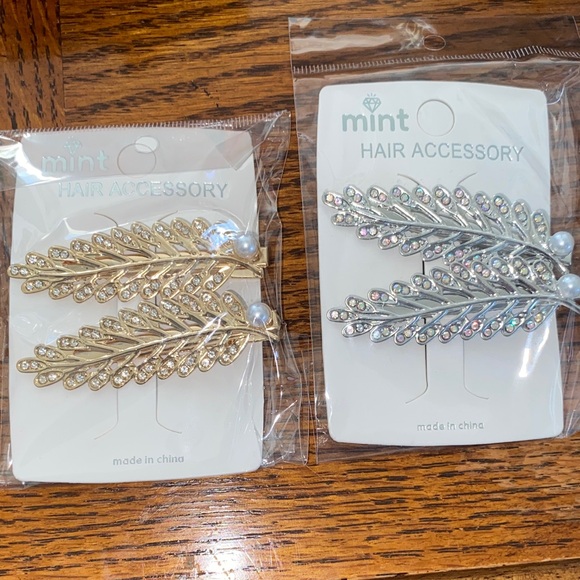 Mint Accessories - Mint Metallic Leaf Hair Clips in Gold and Silver one each